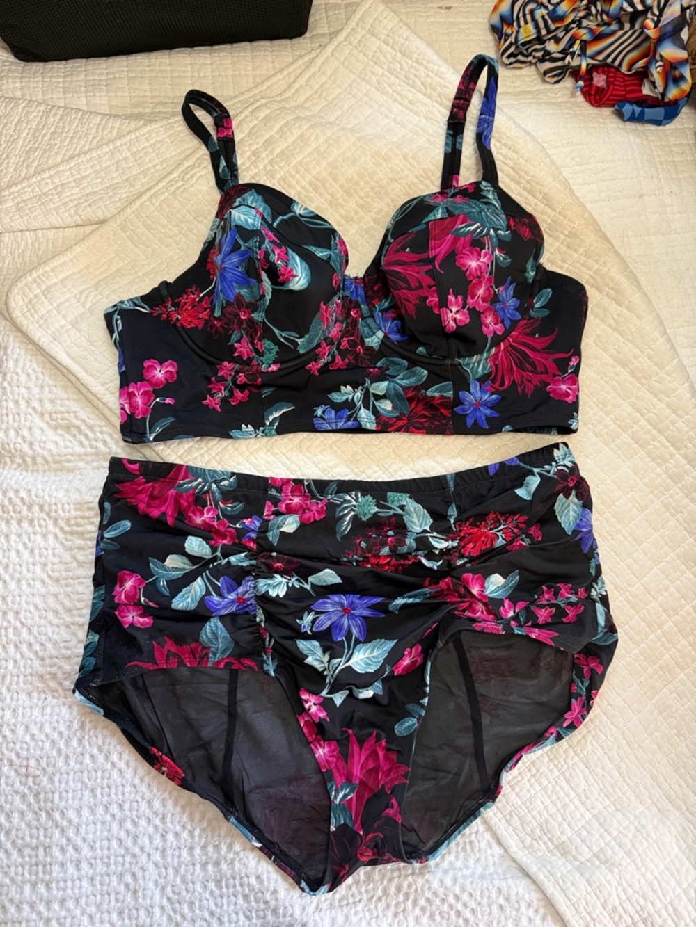 torrid Black Floral Longline Bikini Top & High-Waist Bottoms - Pink, Blue, Teal